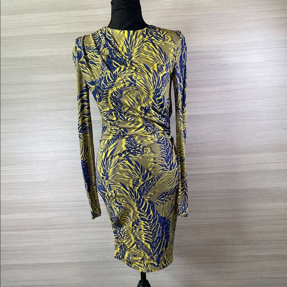 Matthew Williamson Yellow & Blue Leaf Print Jersey Long Sleeve Dress